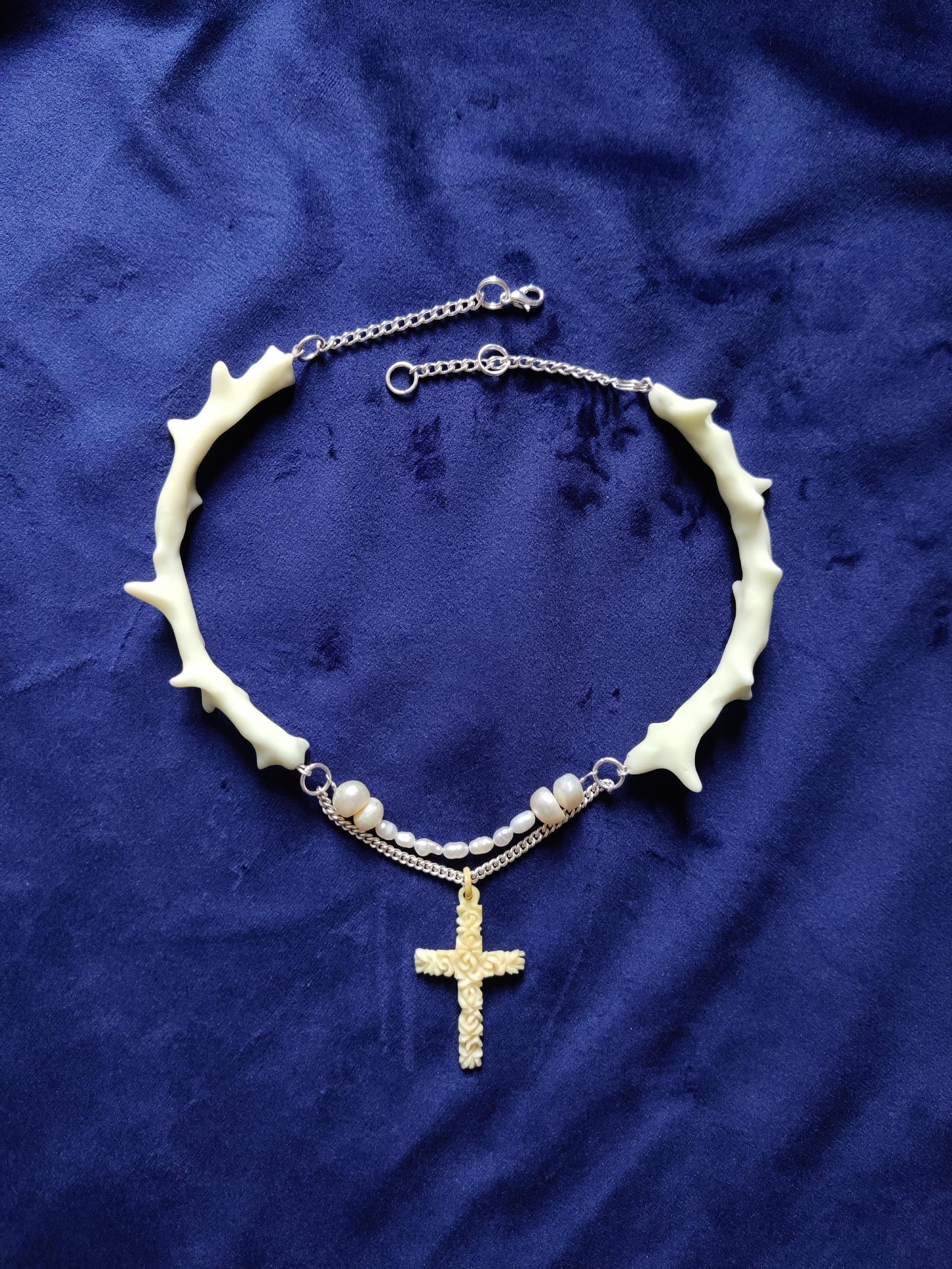 Thorn necklace with pearls and bone cross