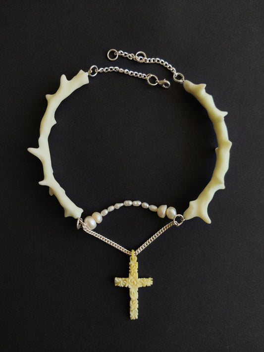 Thorn necklace with pearls and bone cross